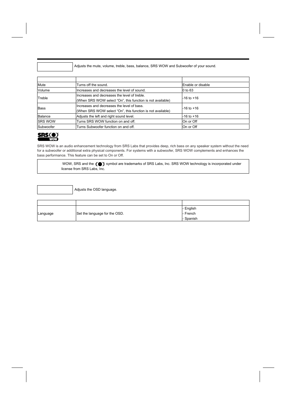 Osd (on-screen display), Audio language | Hitachi 42HDM12 User Manual | Page 29 / 38