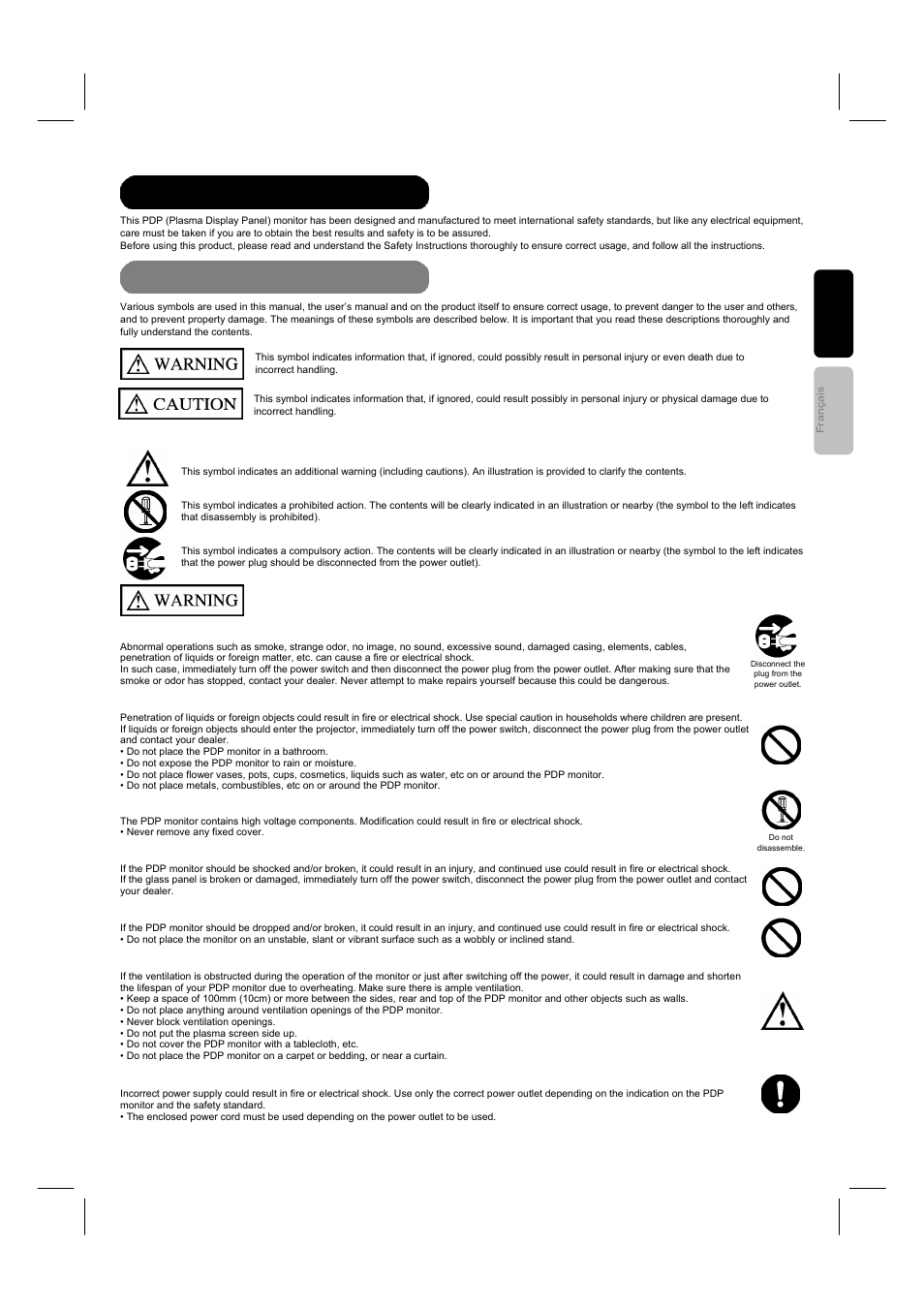 Safety instructions, About the symbols | Hitachi 42HDM12 User Manual | Page 4 / 38