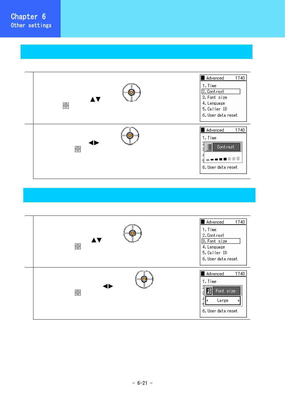Equipment settings, Chapter 6, Contrast | Font size | Hitachi 5000 User Manual | Page 100 / 132