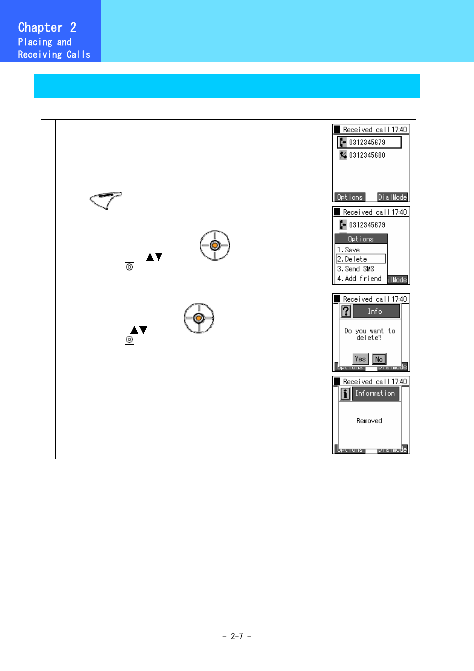 Call log, Chapter 2, Deleting one item from the call log | Hitachi 5000 User Manual | Page 27 / 132