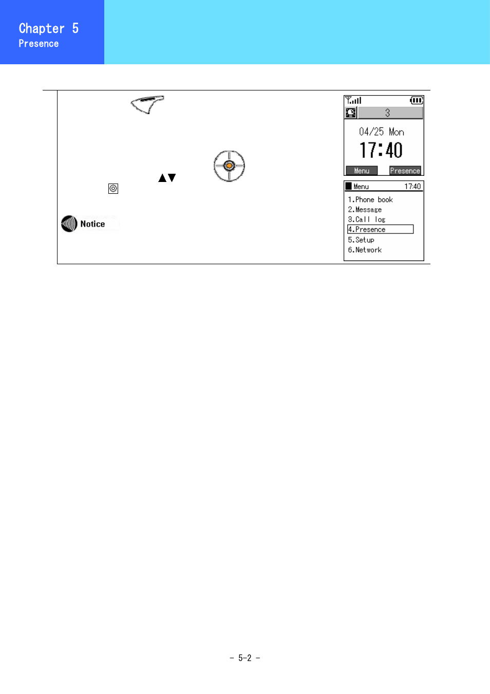 Presence menu, Chapter 3, Chapter 5 | Hitachi 5000 User Manual | Page 69 / 132
