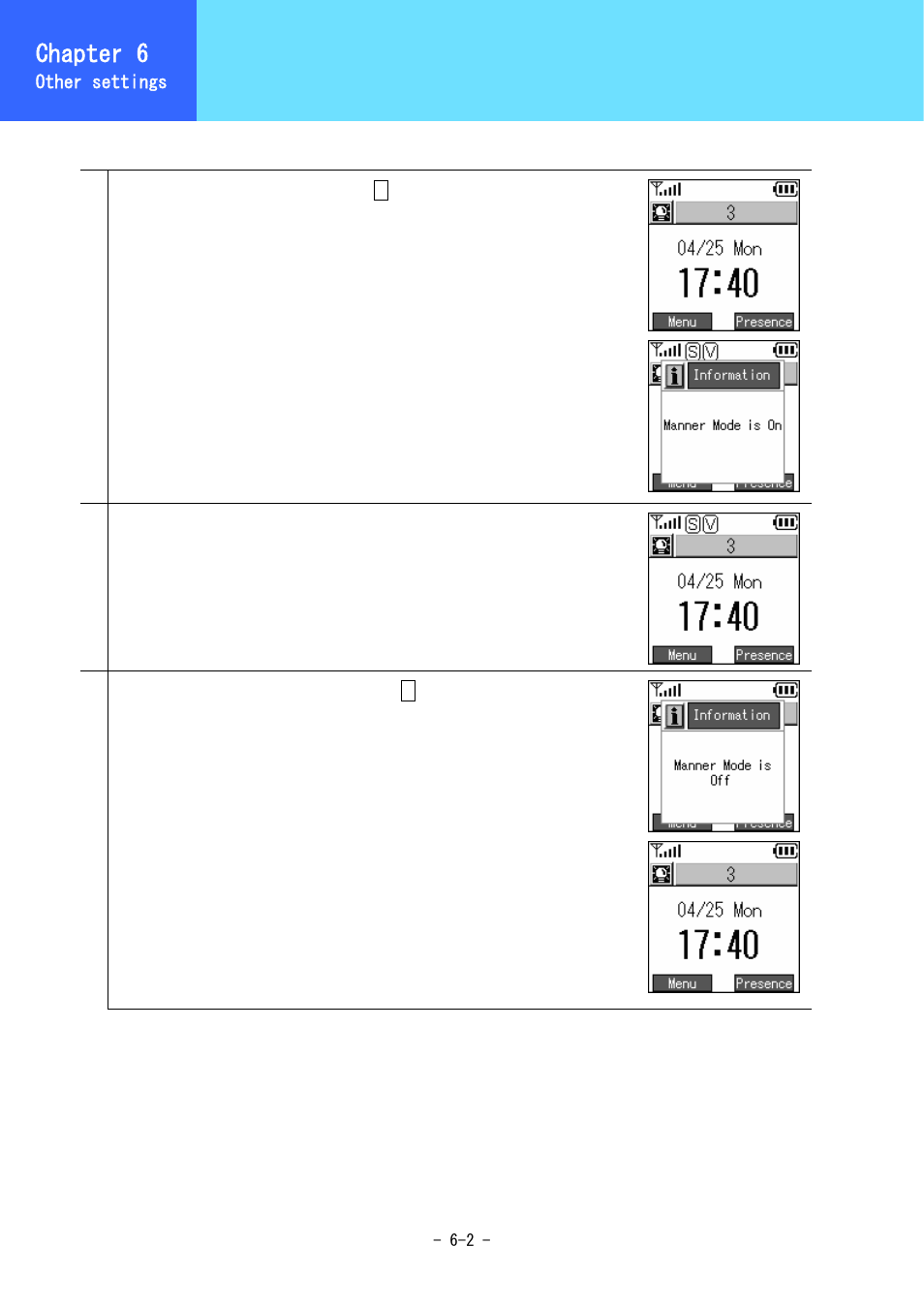 Manner mode on/off, Chapter 6 | Hitachi 5000 User Manual | Page 81 / 132