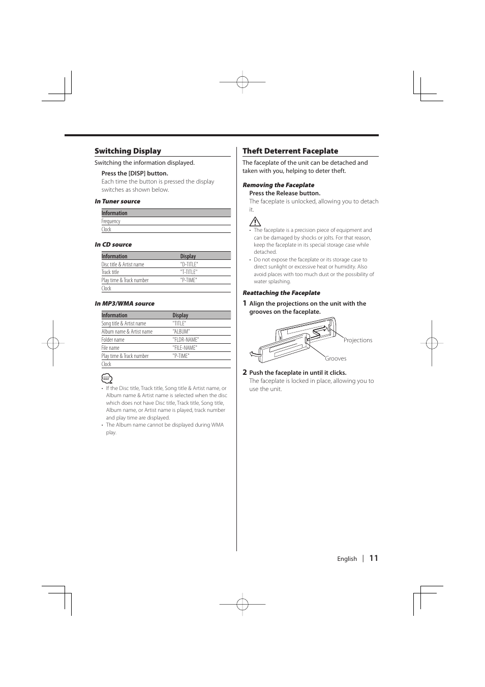 Switching display, Theft deterrent faceplate | Kenwood KDC-W427 User Manual | Page 11 / 88