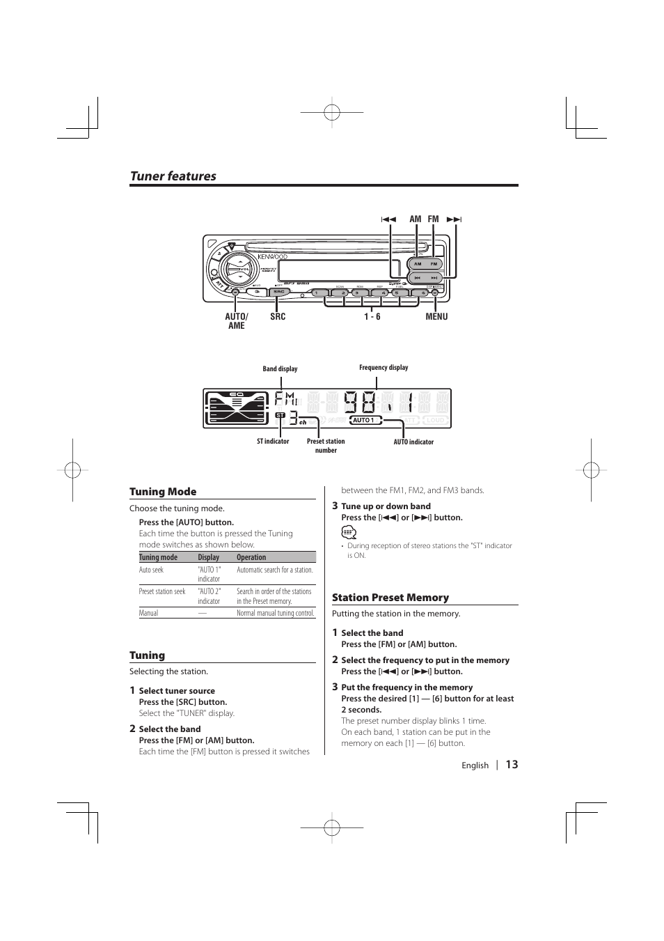 Tuner features, Tuning mode, Tuning | Kenwood KDC-W427 User Manual | Page 13 / 88