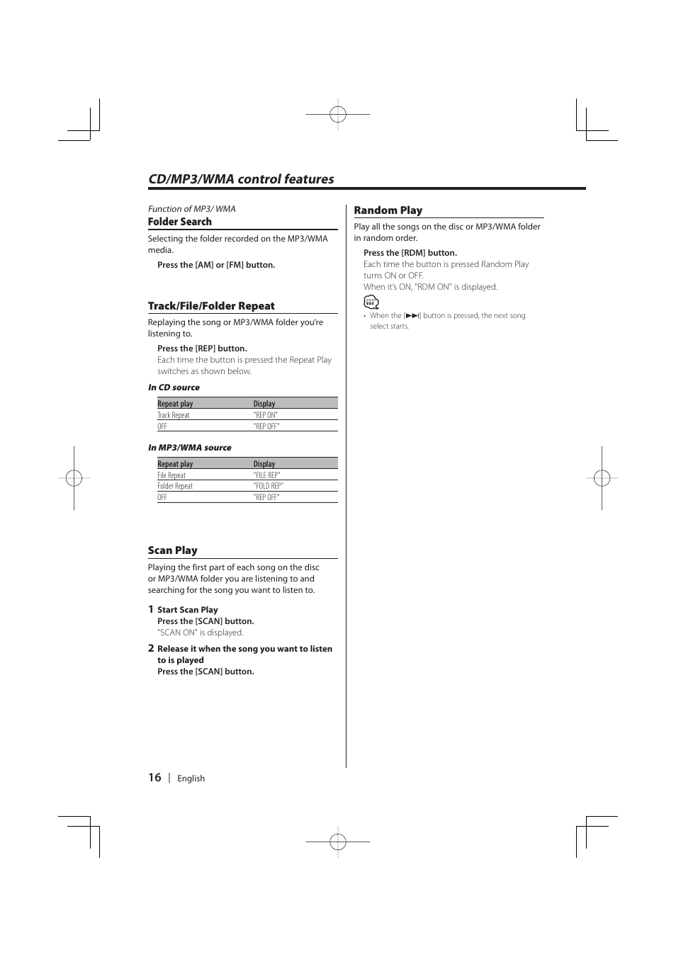 Cd/mp3/wma control features | Kenwood KDC-W427 User Manual | Page 16 / 88