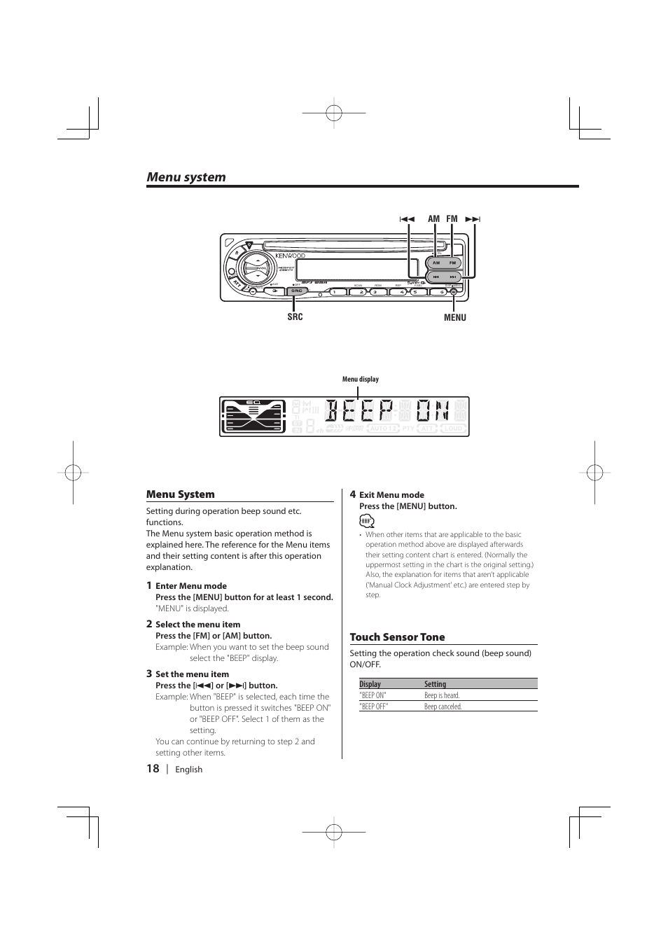 Menu system, Touch sensor tone | Kenwood KDC-W427 User Manual | Page 18 / 88