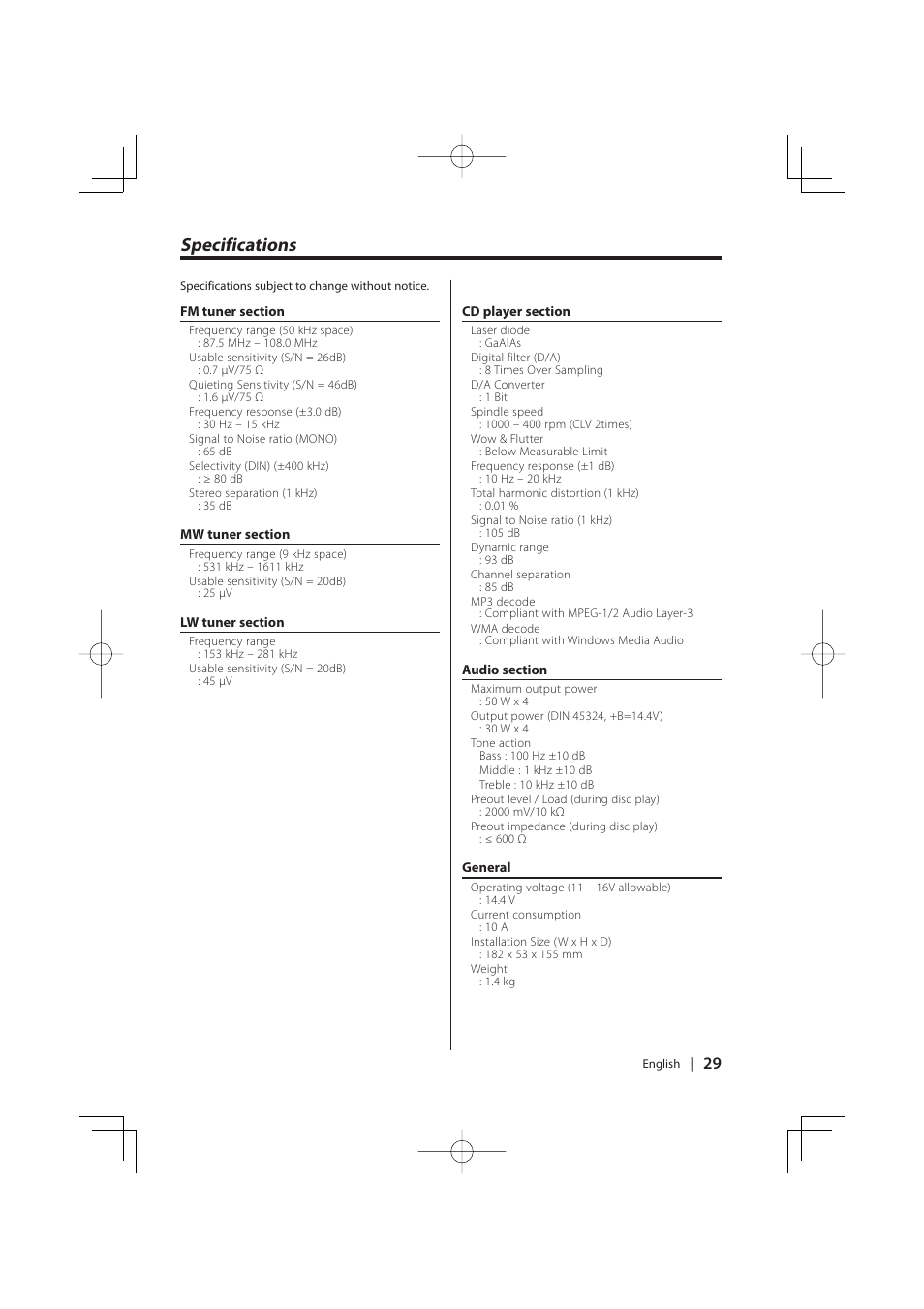 Specifications | Kenwood KDC-W427 User Manual | Page 29 / 88