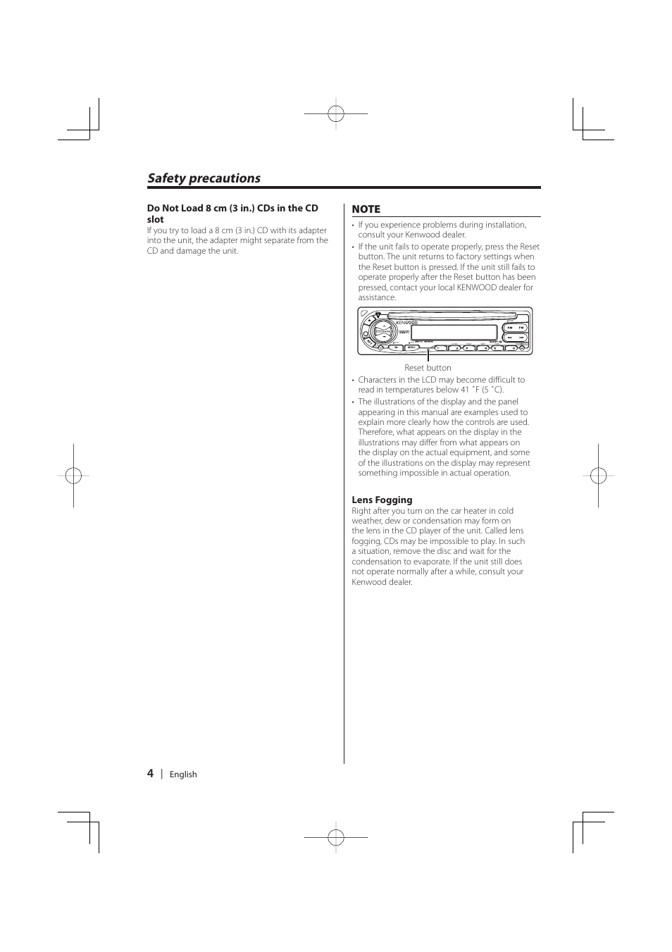 Safety precautions, Lens fogging, Do not load 8 cm (3 in.) cds in the cd slot | Kenwood KDC-W427 User Manual | Page 4 / 88