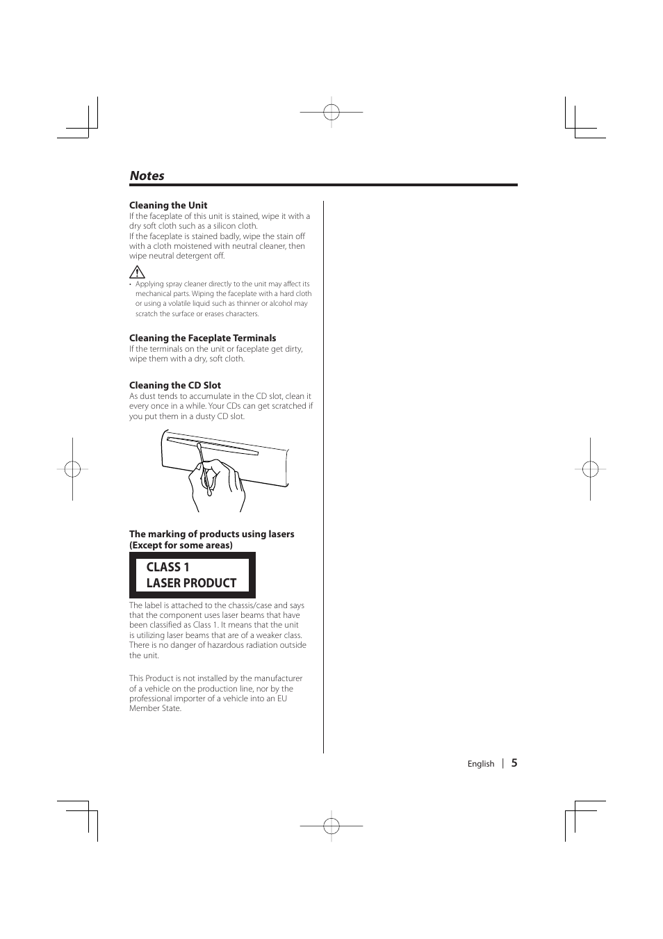 Notes, Class 1 laser product | Kenwood KDC-W427 User Manual | Page 5 / 88