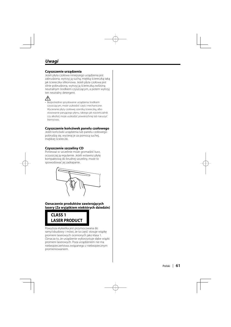 Uwagi, Class 1 laser product | Kenwood KDC-W427 User Manual | Page 61 / 88