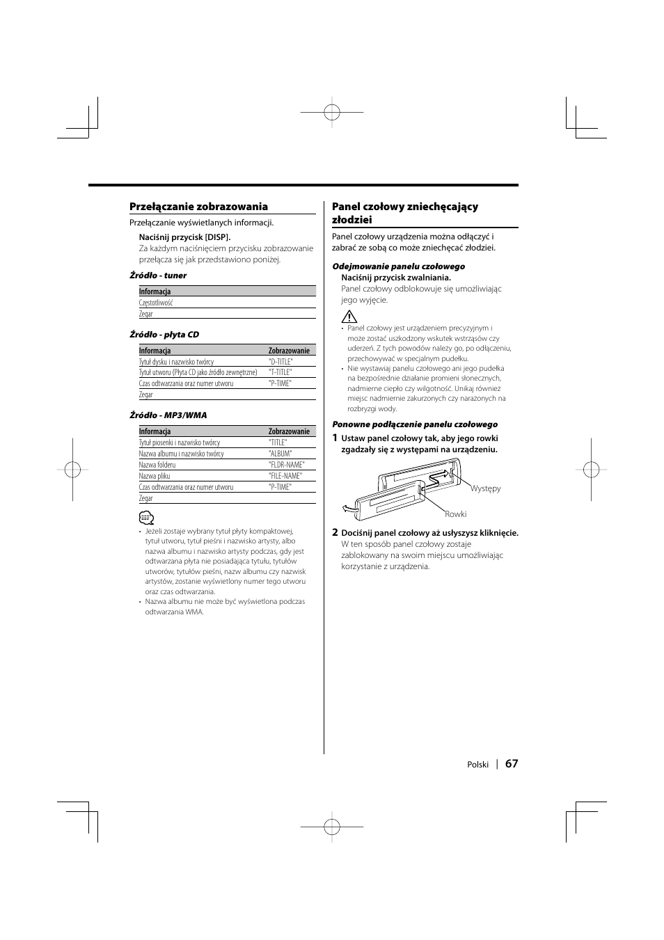 Przełączanie zobrazowania, Panel czołowy zniechęcający złodziei | Kenwood KDC-W427 User Manual | Page 67 / 88