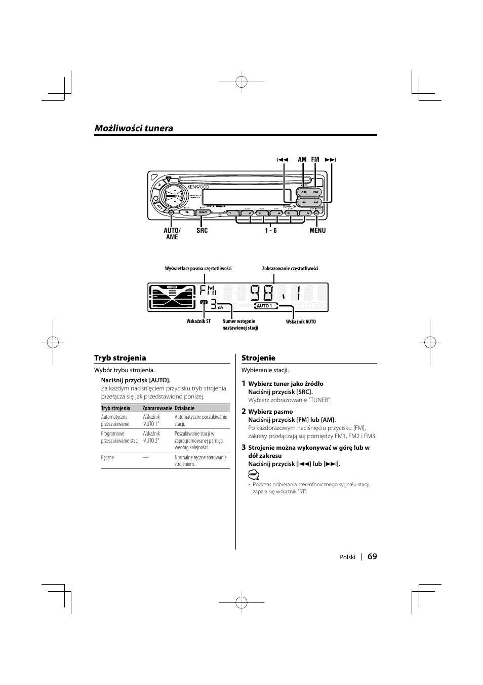 Możliwości tunera, Tryb strojenia, Strojenie | Kenwood KDC-W427 User Manual | Page 69 / 88