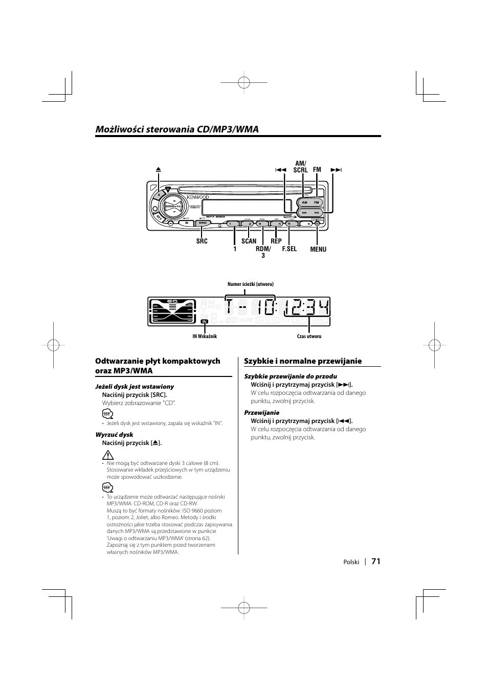 Możliwości sterowania cd/mp3/wma, Odtwarzanie płyt kompaktowych oraz mp3/wma, Szybkie i normalne przewijanie | Kenwood KDC-W427 User Manual | Page 71 / 88