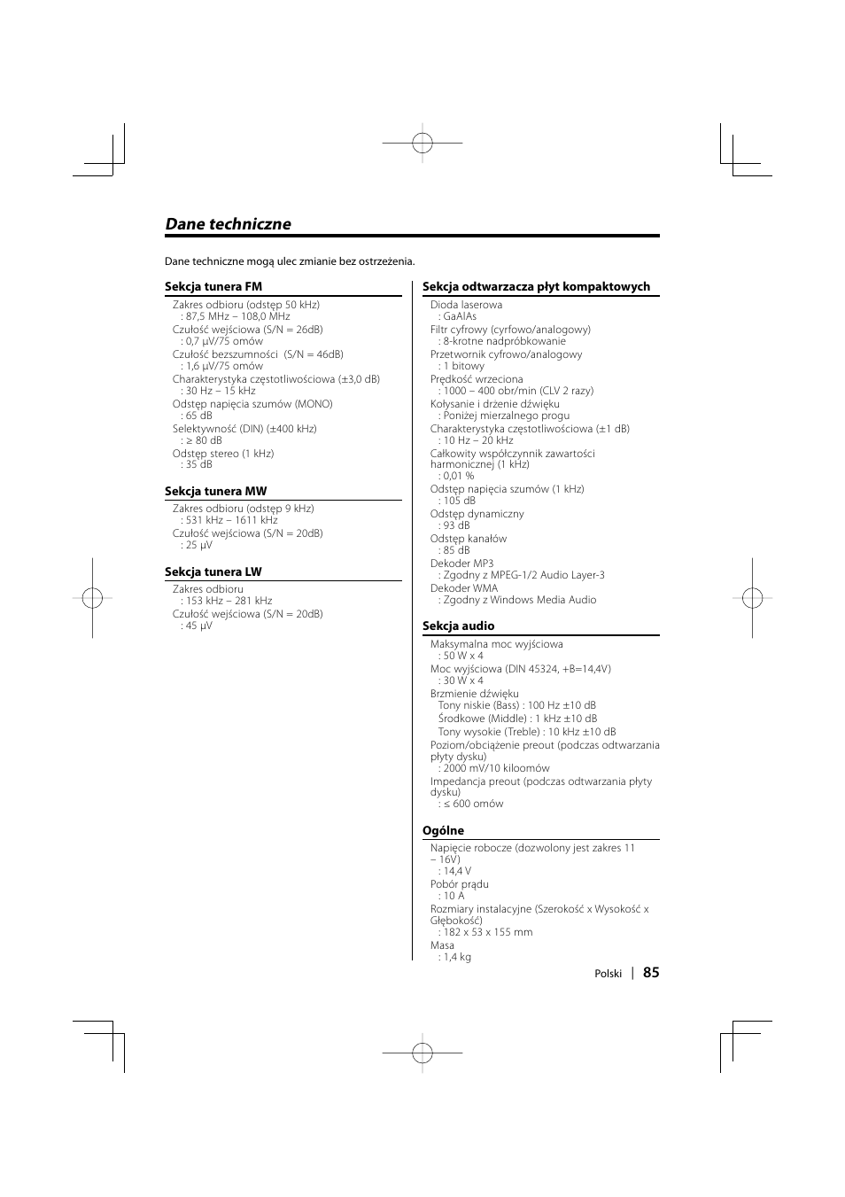 Dane techniczne | Kenwood KDC-W427 User Manual | Page 85 / 88