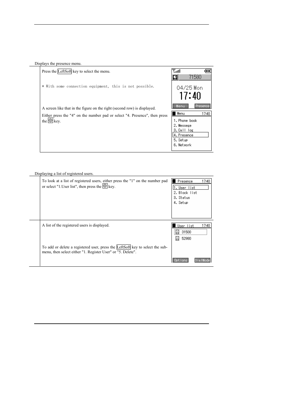 Presence, 1 user list, Resence | User list | Hitachi WIRELESSIP TD61-2472A User Manual | Page 44 / 88