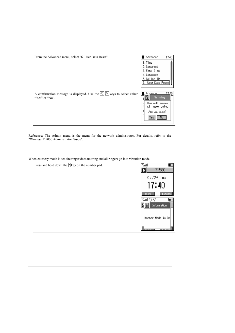 6 user data reset, 8 courtesy mode on/off, Caller id | User data reset | Hitachi WIRELESSIP TD61-2472A User Manual | Page 67 / 88