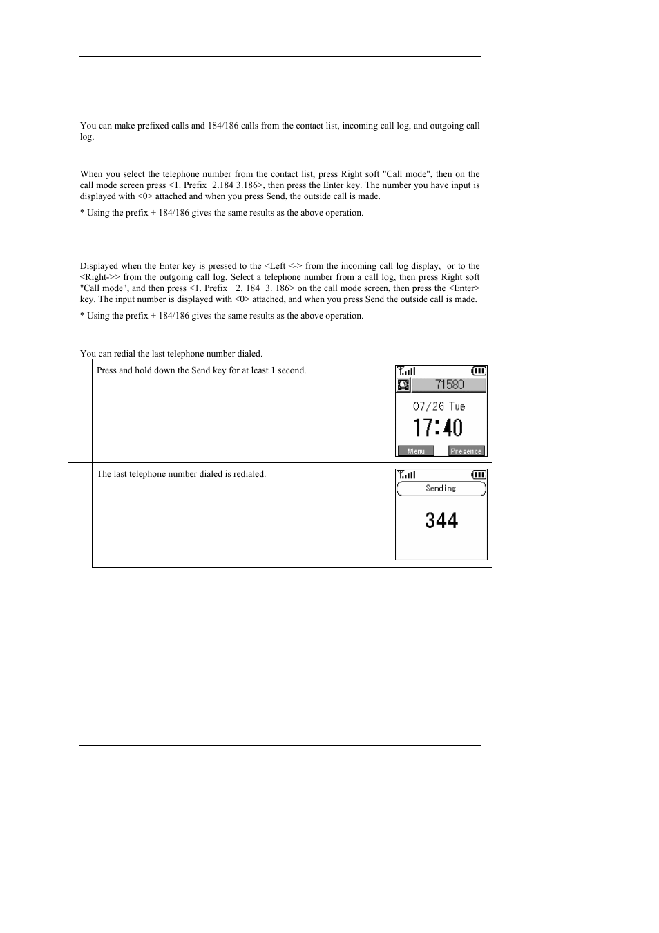 4 operation methods using call mode, 1 calling in call mode from the contact list, 5 redial | 184/186 call, Operation methods using call mode, Calling in call mode from the contact list | Hitachi WIRELESSIP TD61-2472A User Manual | Page 79 / 88