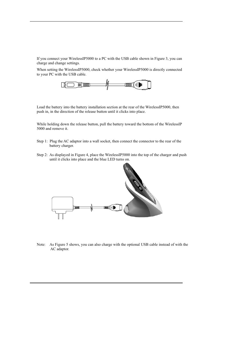 Usb cable (option), Installing the battery, Removing the battery | Charging with the desktop charger, Power supply adaptor, Cable, Option, Nstalling the battery, Emoving the battery | Hitachi WIRELESSIP TD61-2472A User Manual | Page 83 / 88