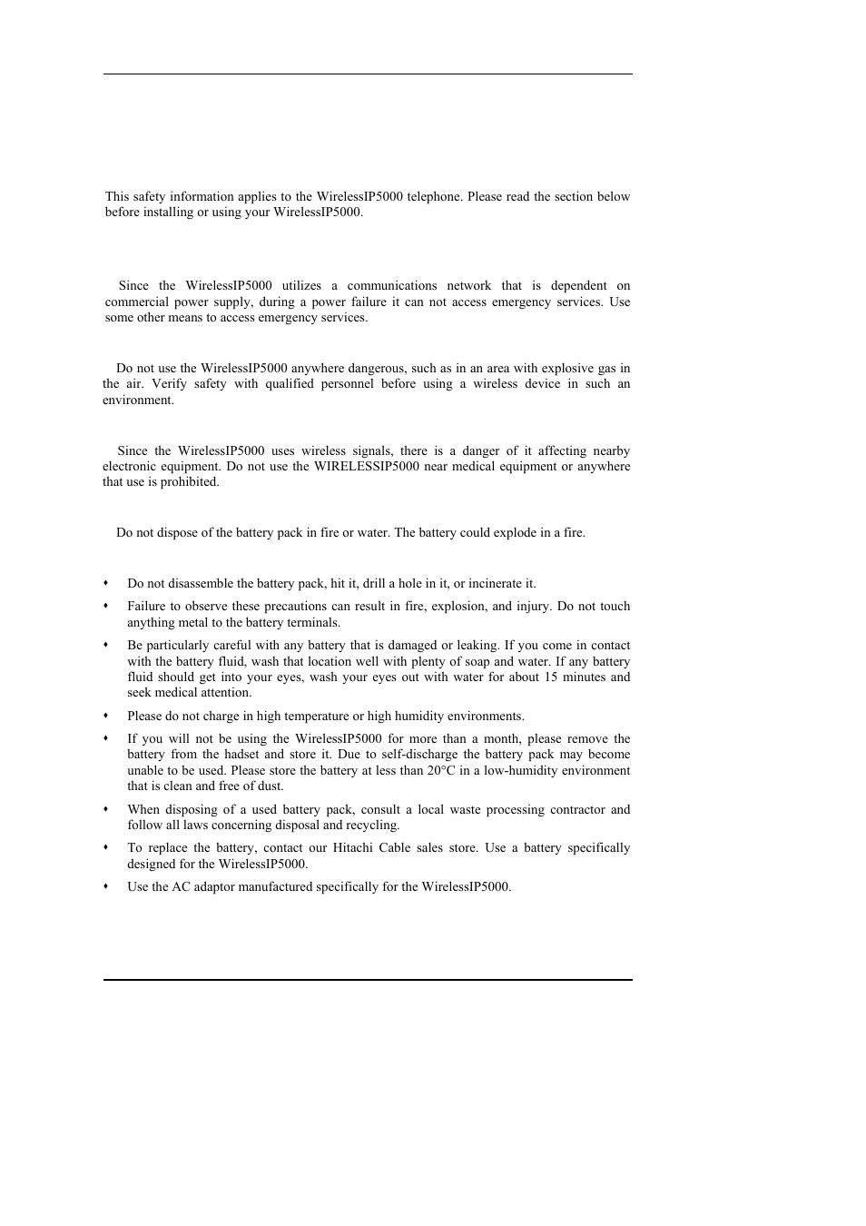 Safety instructions, Warning about emergency services, Warning about explosive gas | Warning about battery handling, Battery safety items, Arning about emergency services, Arning about explosive gas, Arning about the impact of electromagnetic signals, Arning about battery handling | Hitachi WIRELESSIP TD61-2472A User Manual | Page 85 / 88
