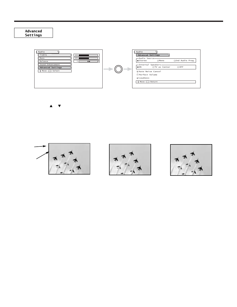 Audio, Audio selected audio broadcast | Hitachi 65TWX20B User Manual | Page 47 / 72