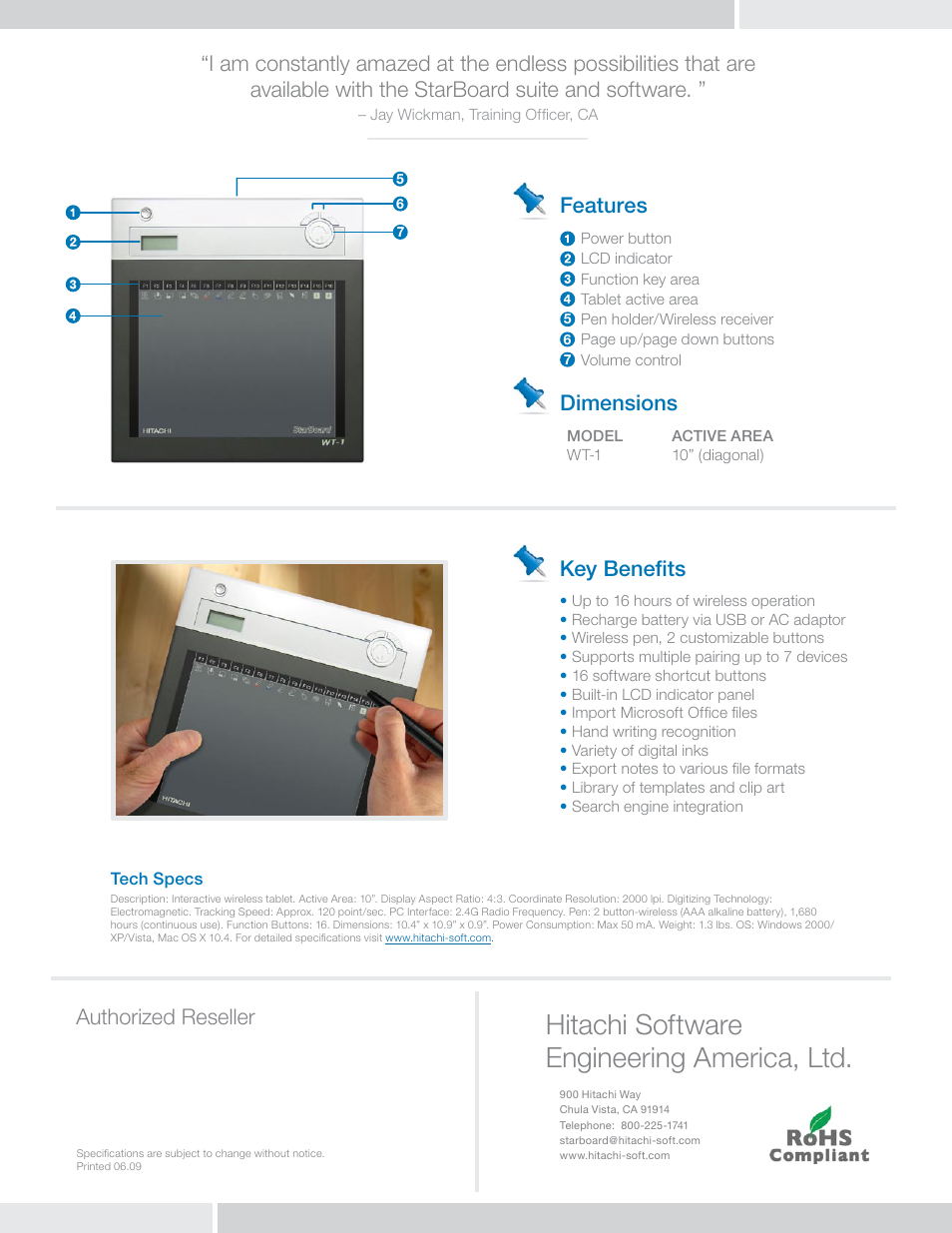 Hitachi software engineering america, ltd, Features, Dimensions | Key benefits, Authorized reseller | Hitachi WT-1 User Manual | Page 2 / 2