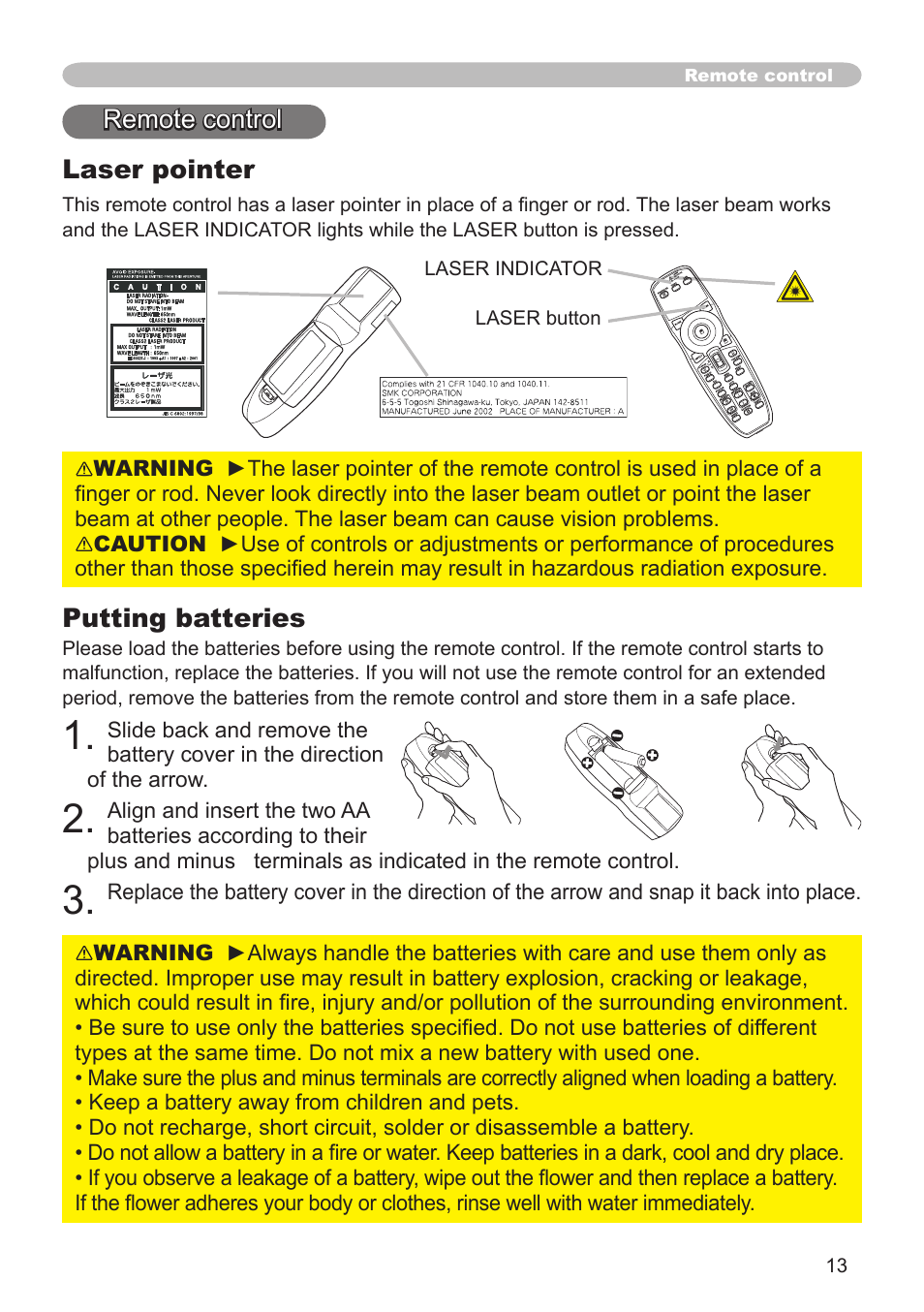 Putting batteries, Laser pointer, Remote control | Hitachi CP-X505 User Manual | Page 13 / 69