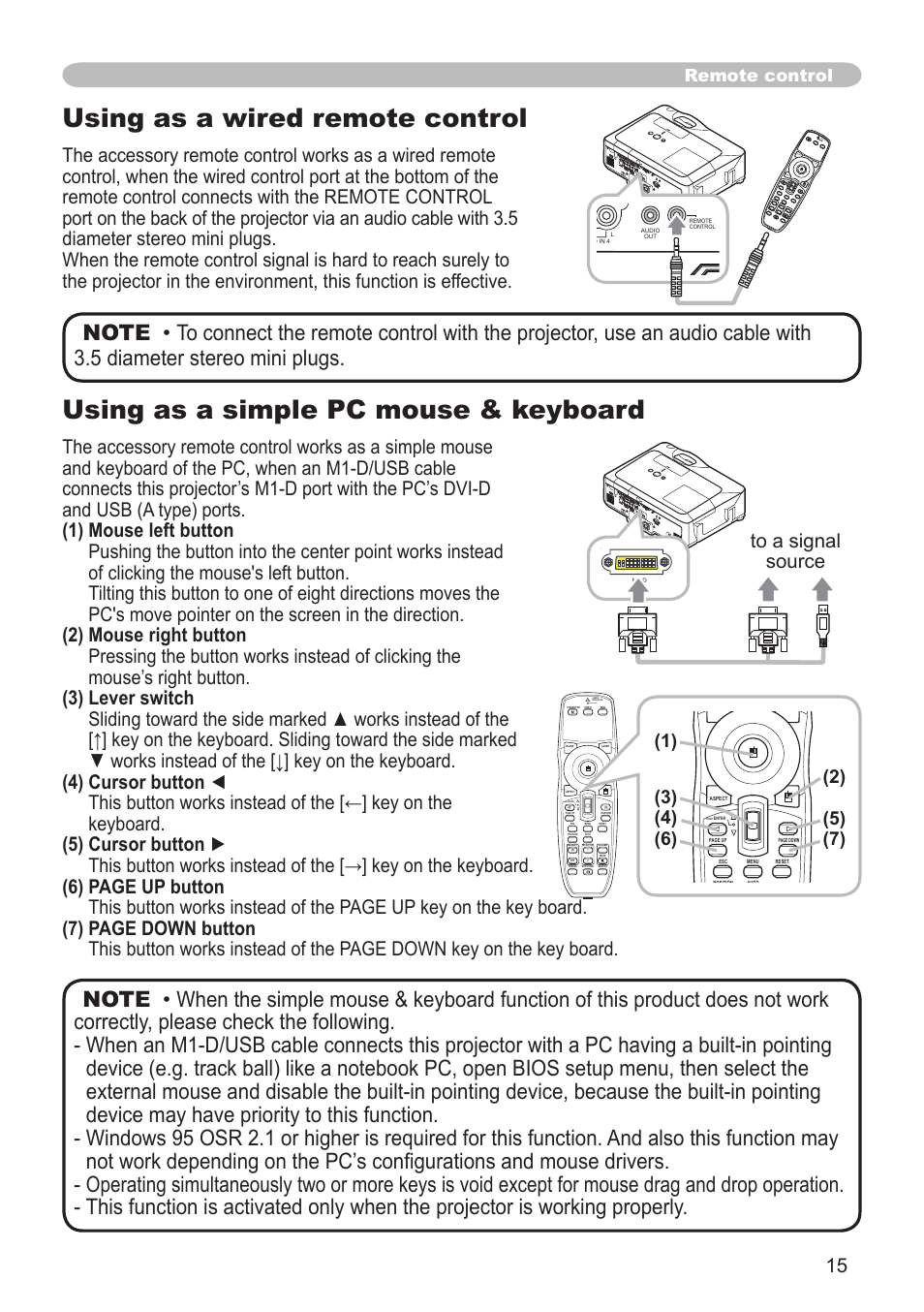 Using as a wired remote control, Using as a simple pc mouse & keyboard, Remote control | Blank laser aspec t push ent er laser indica tor, Push | Hitachi CP-X505 User Manual | Page 15 / 69