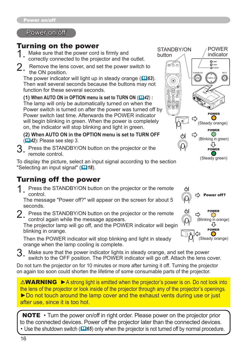 Turning on the power, Turning off the power, Power on/off | Standby/on button power indicator | Hitachi CP-X505 User Manual | Page 16 / 69