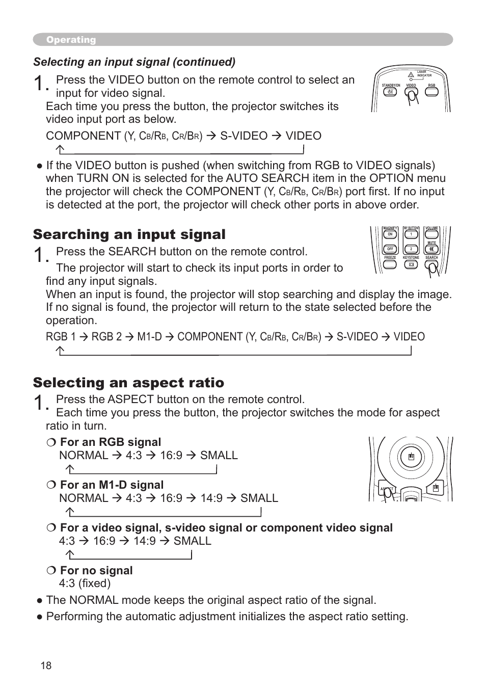 Searching an input signal, Selecting an aspect ratio, S-video  video | Selecting an input signal (continued), Operating | Hitachi CP-X505 User Manual | Page 18 / 69