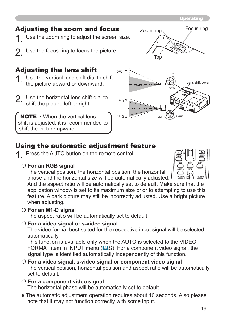 Adjusting the zoom and focus, Adjusting the lens shift, Using the automatic adjustment feature | Use the zoom ring to adjust the screen size, Use the focus ring to focus the picture | Hitachi CP-X505 User Manual | Page 19 / 69