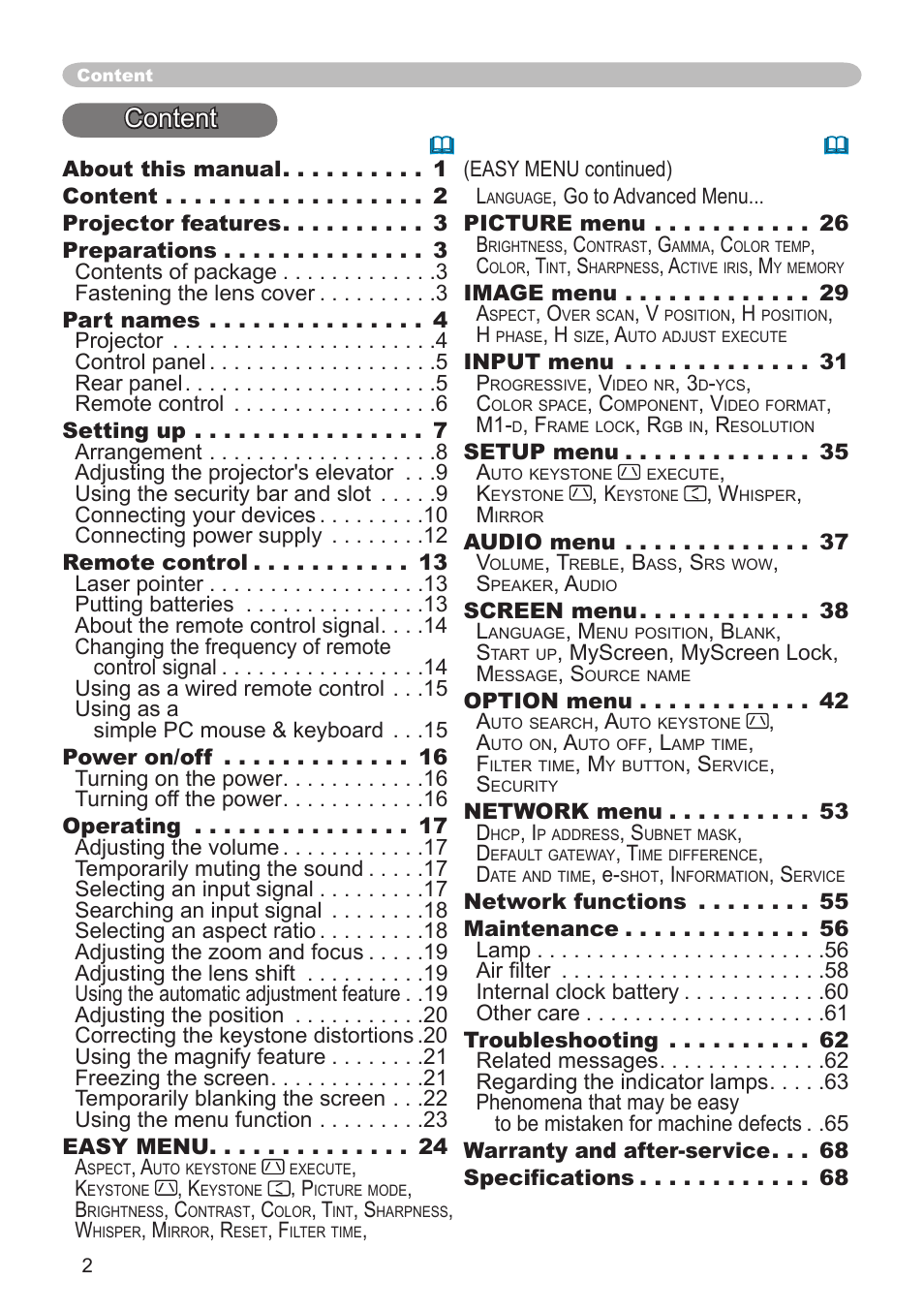 Content | Hitachi CP-X505 User Manual | Page 2 / 69