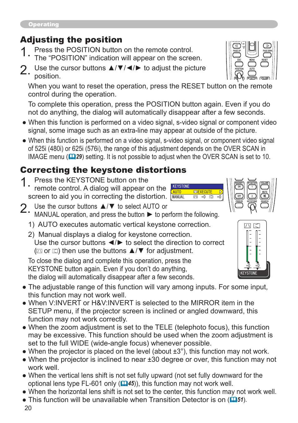 Adjusting the position, Correcting the keystone distortions, Operating | Hitachi CP-X505 User Manual | Page 20 / 69