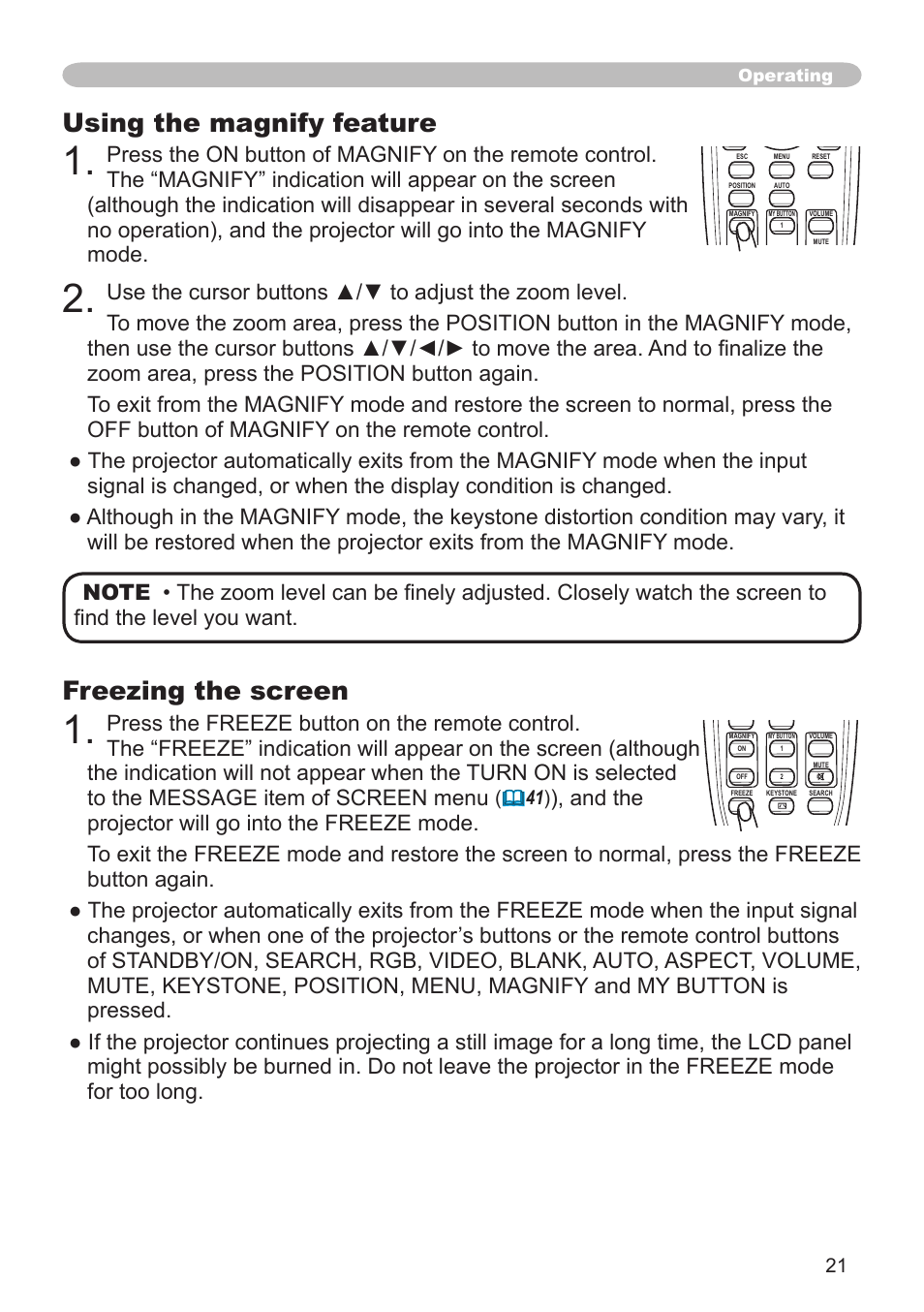 Using the magnify feature, Freezing the screen, Operating | Hitachi CP-X505 User Manual | Page 21 / 69