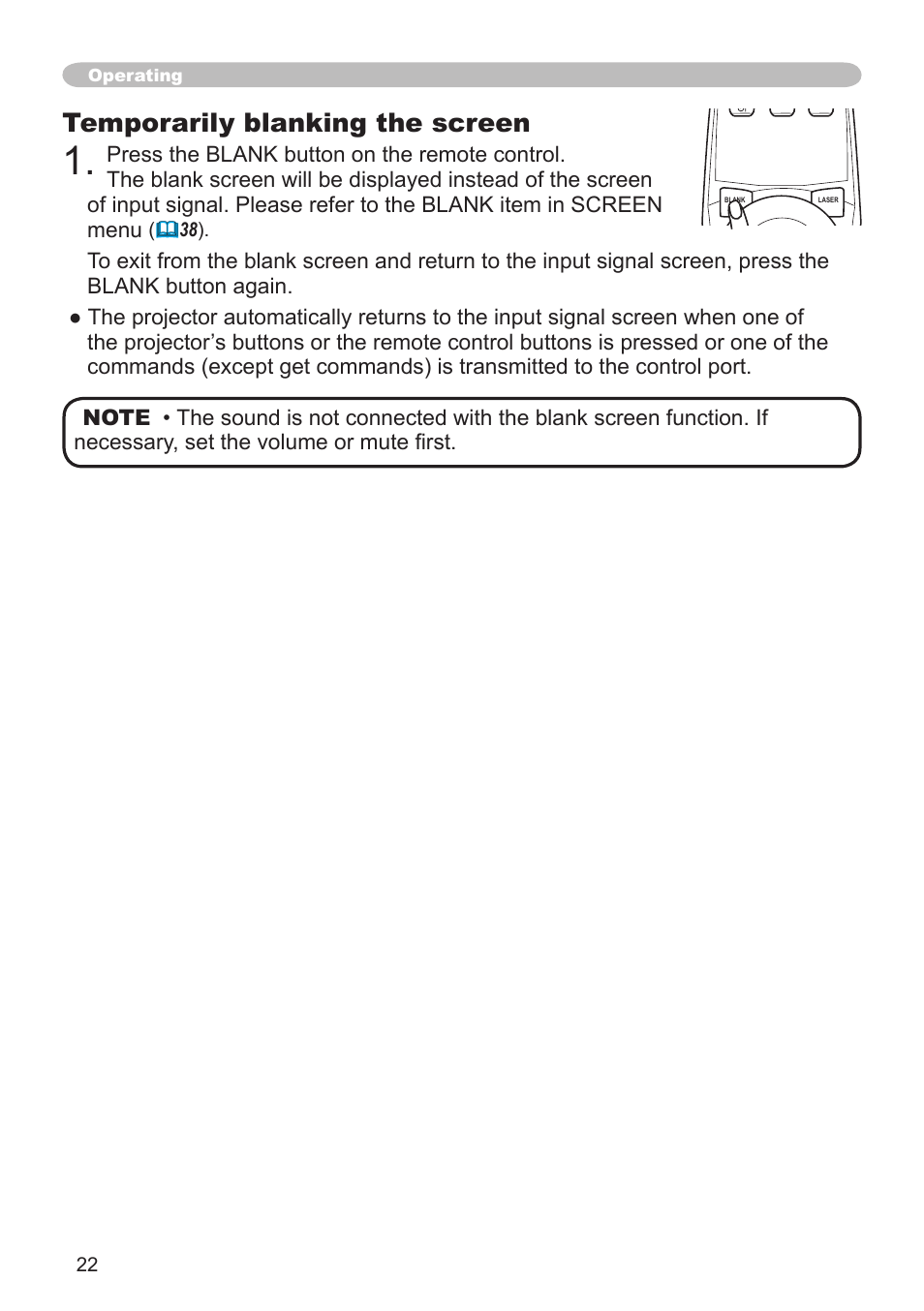 Temporarily blanking the screen, Operating | Hitachi CP-X505 User Manual | Page 22 / 69