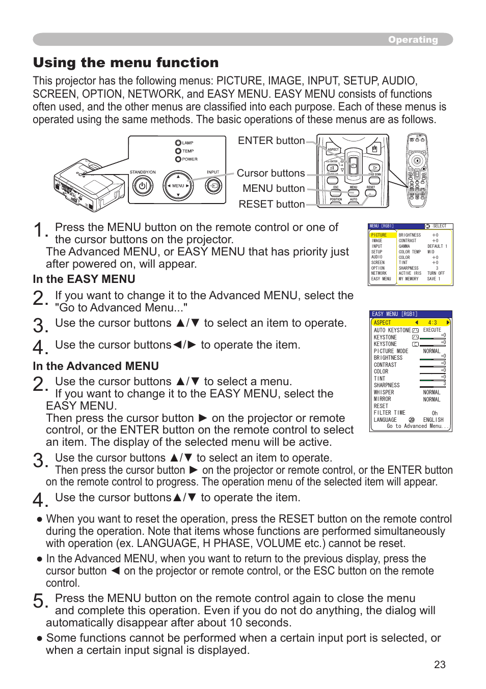 Using the menu function | Hitachi CP-X505 User Manual | Page 23 / 69