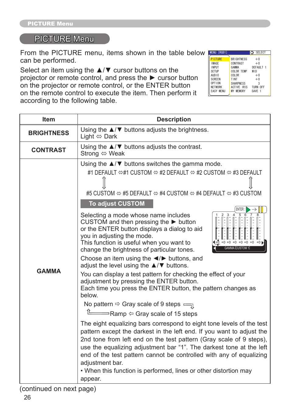 Picture menu, Continued on next page) | Hitachi CP-X505 User Manual | Page 26 / 69