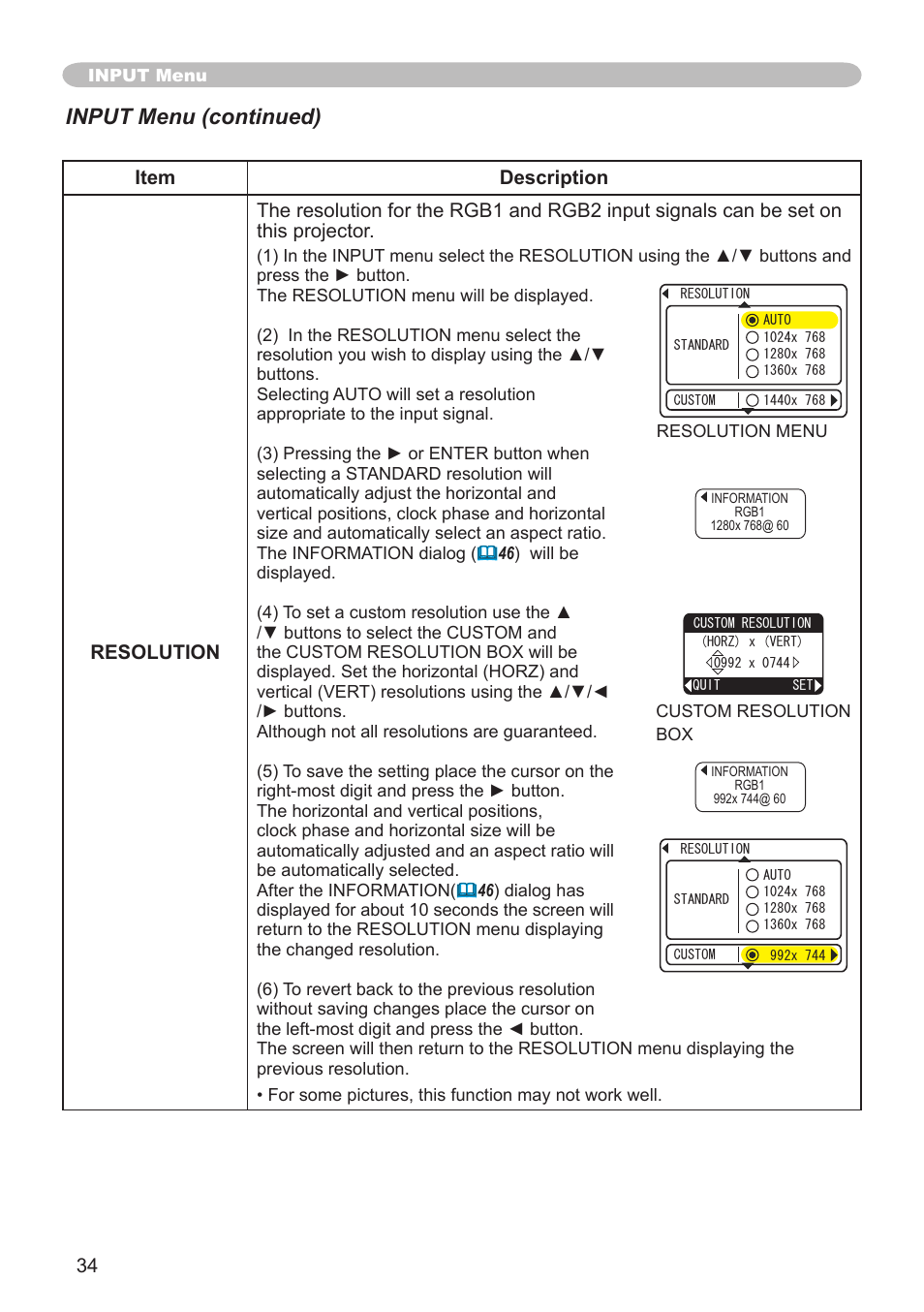 Input menu (continued) | Hitachi CP-X505 User Manual | Page 34 / 69