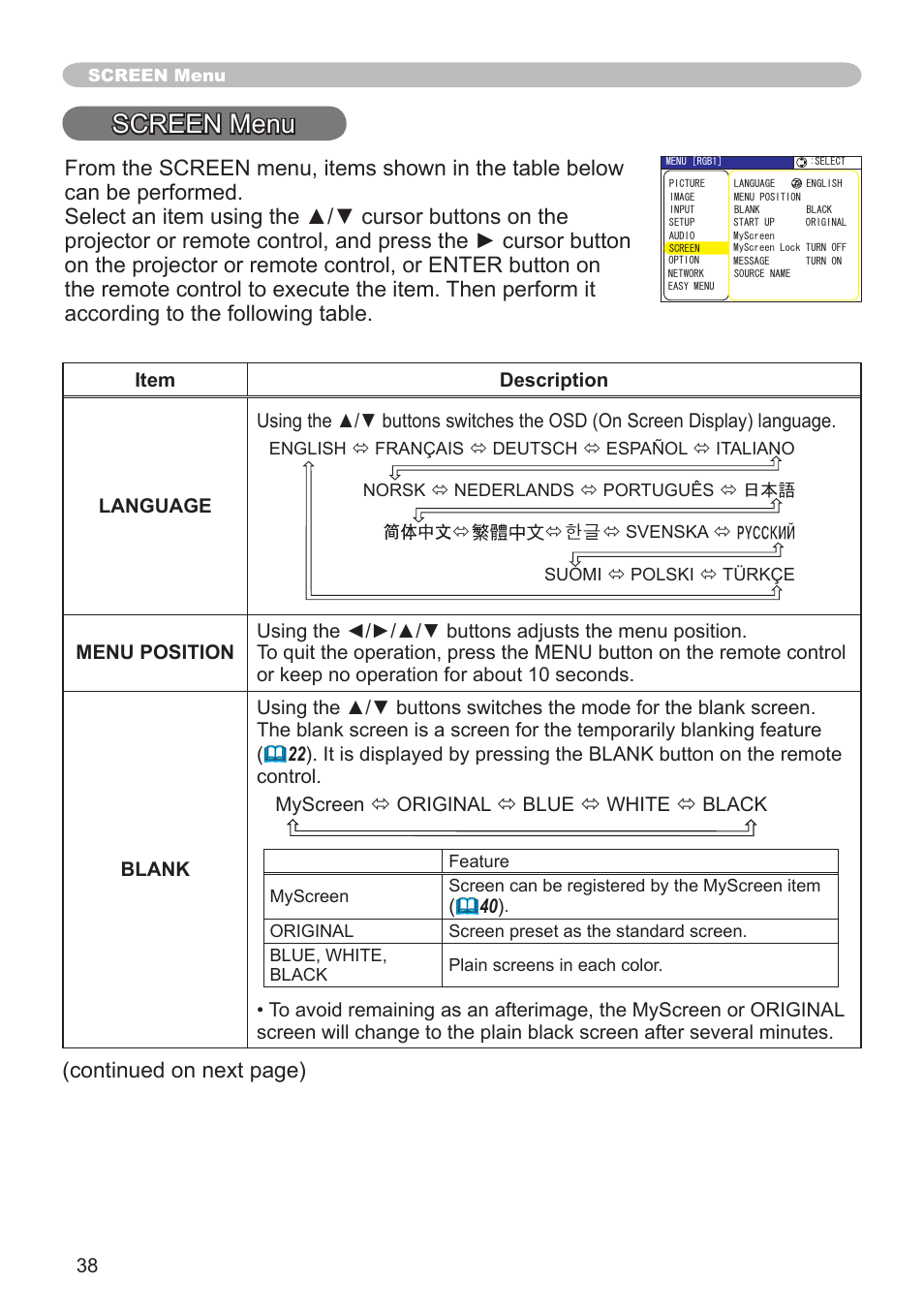 Screen menu, Continued on next page) | Hitachi CP-X505 User Manual | Page 38 / 69