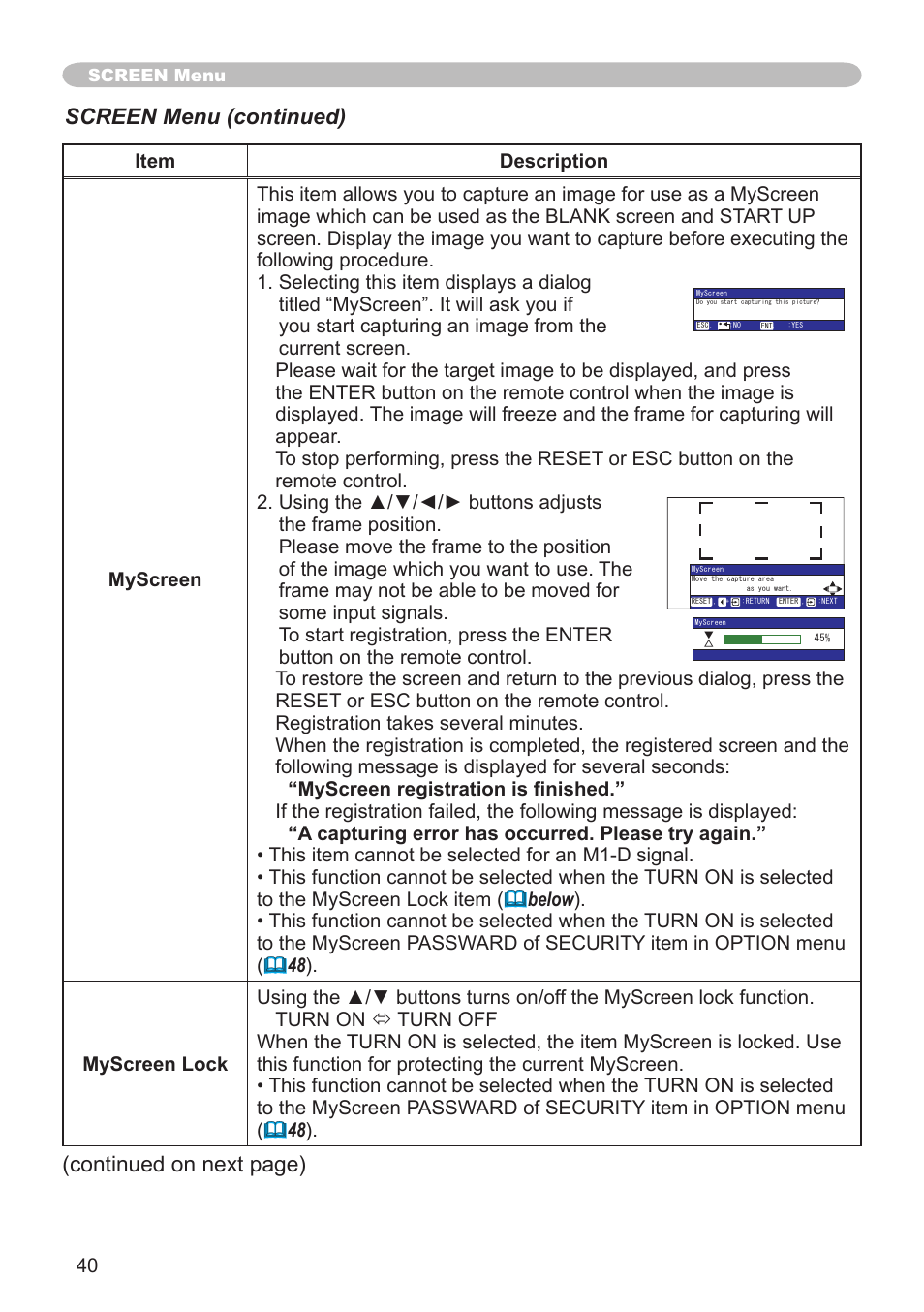 Screen menu (continued), Continued on next page) | Hitachi CP-X505 User Manual | Page 40 / 69