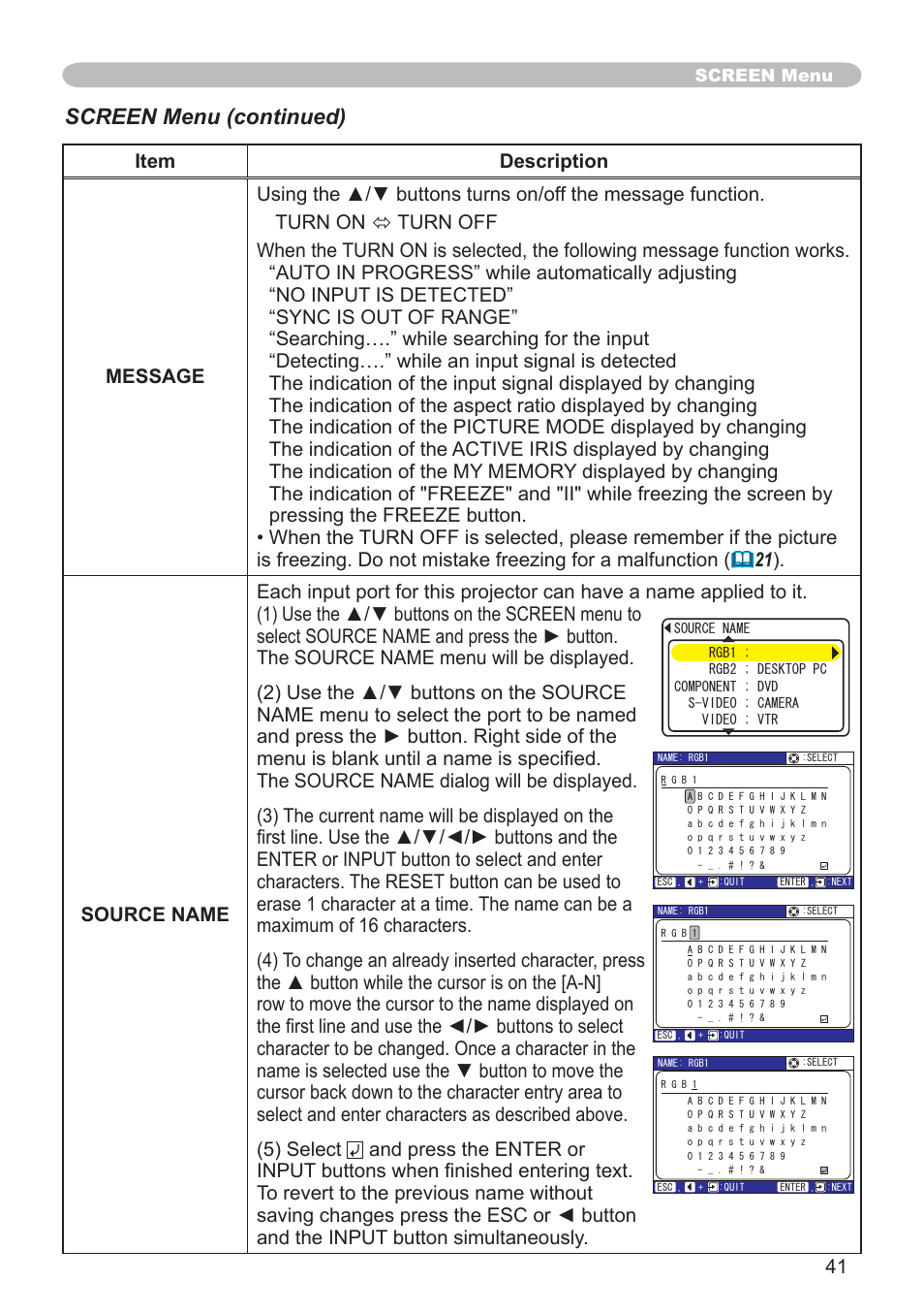 Screen menu (continued) | Hitachi CP-X505 User Manual | Page 41 / 69