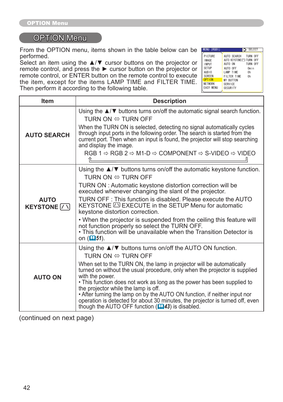 Option menu, Continued on next page) | Hitachi CP-X505 User Manual | Page 42 / 69