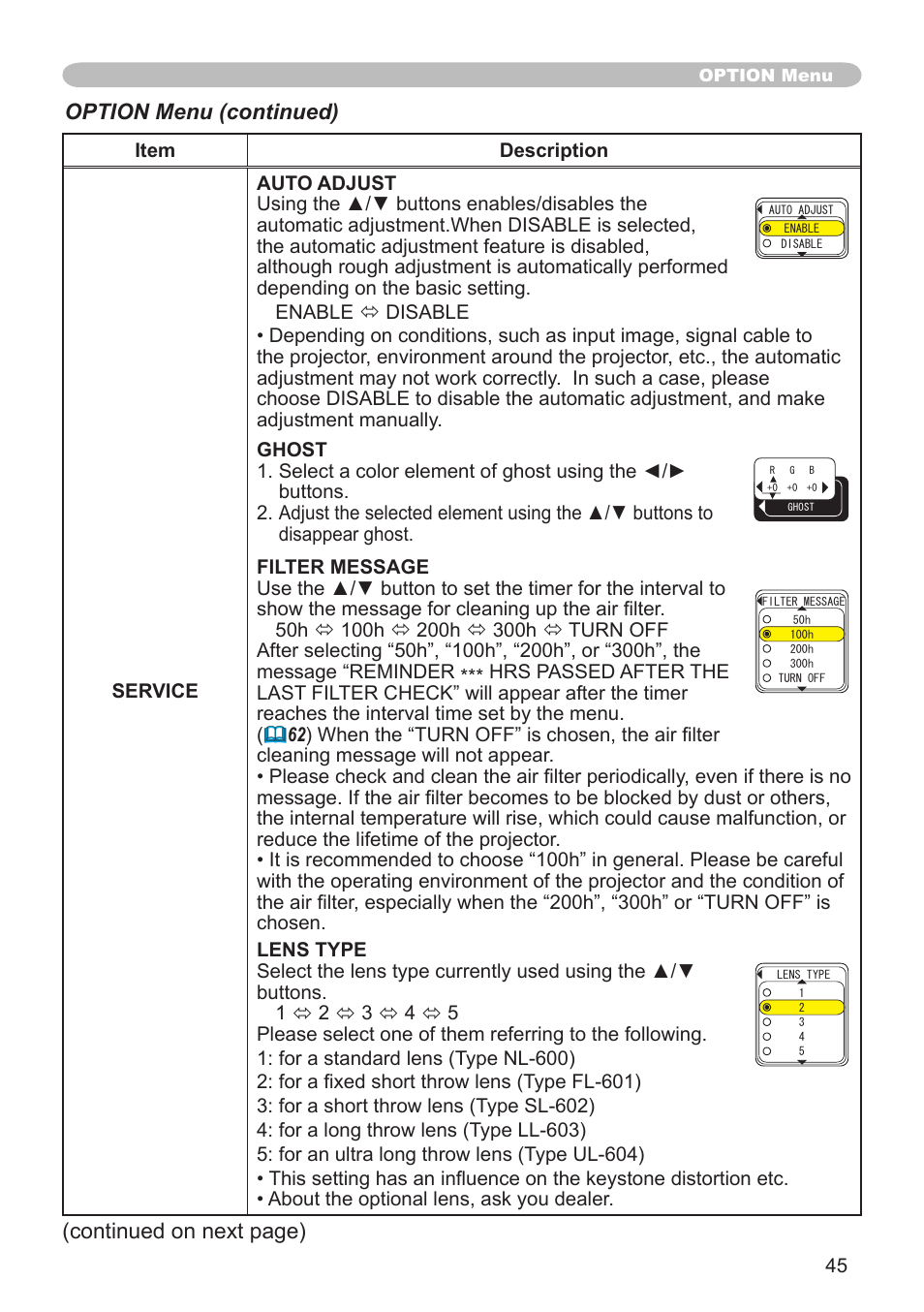 Option menu (continued), Continued on next page) | Hitachi CP-X505 User Manual | Page 45 / 69