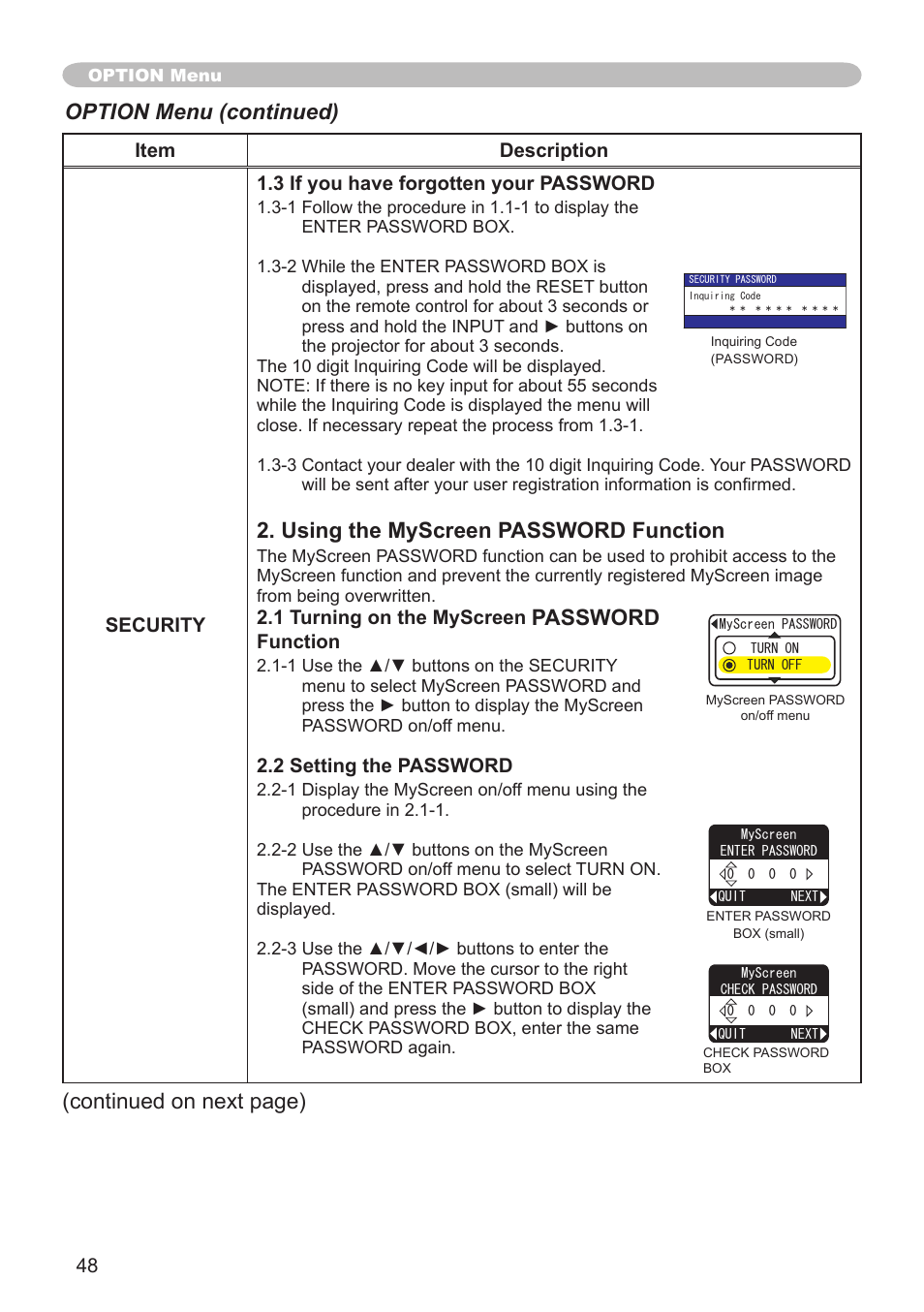 Using the myscreen password function, Password, Option menu (continued) | Continued on next page) | Hitachi CP-X505 User Manual | Page 48 / 69