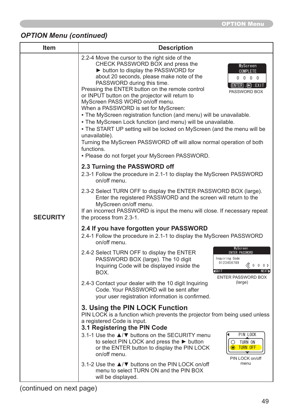 Using the pin lock function, Option menu (continued), Continued on next page) | Hitachi CP-X505 User Manual | Page 49 / 69