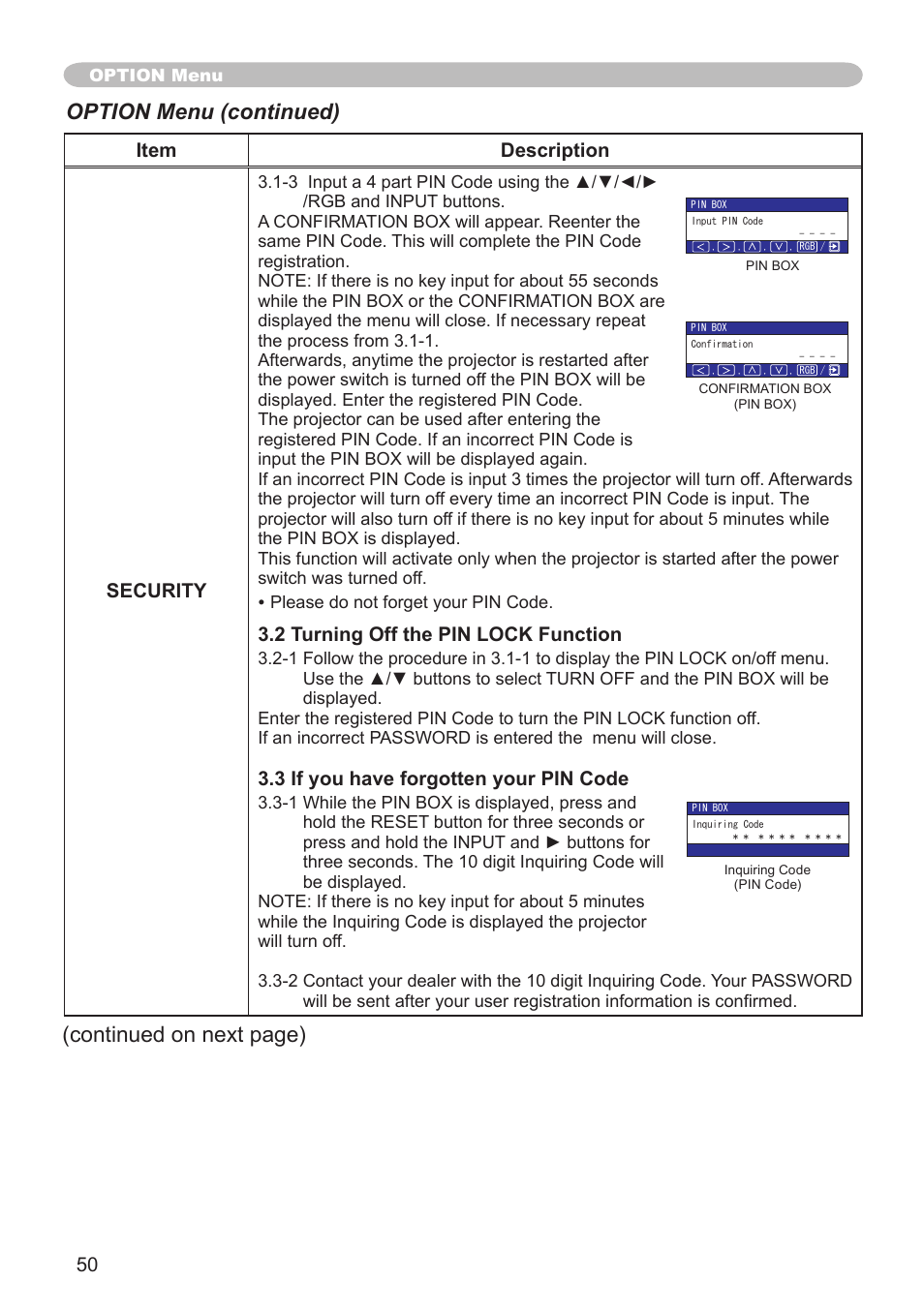 Option menu (continued), Continued on next page) | Hitachi CP-X505 User Manual | Page 50 / 69