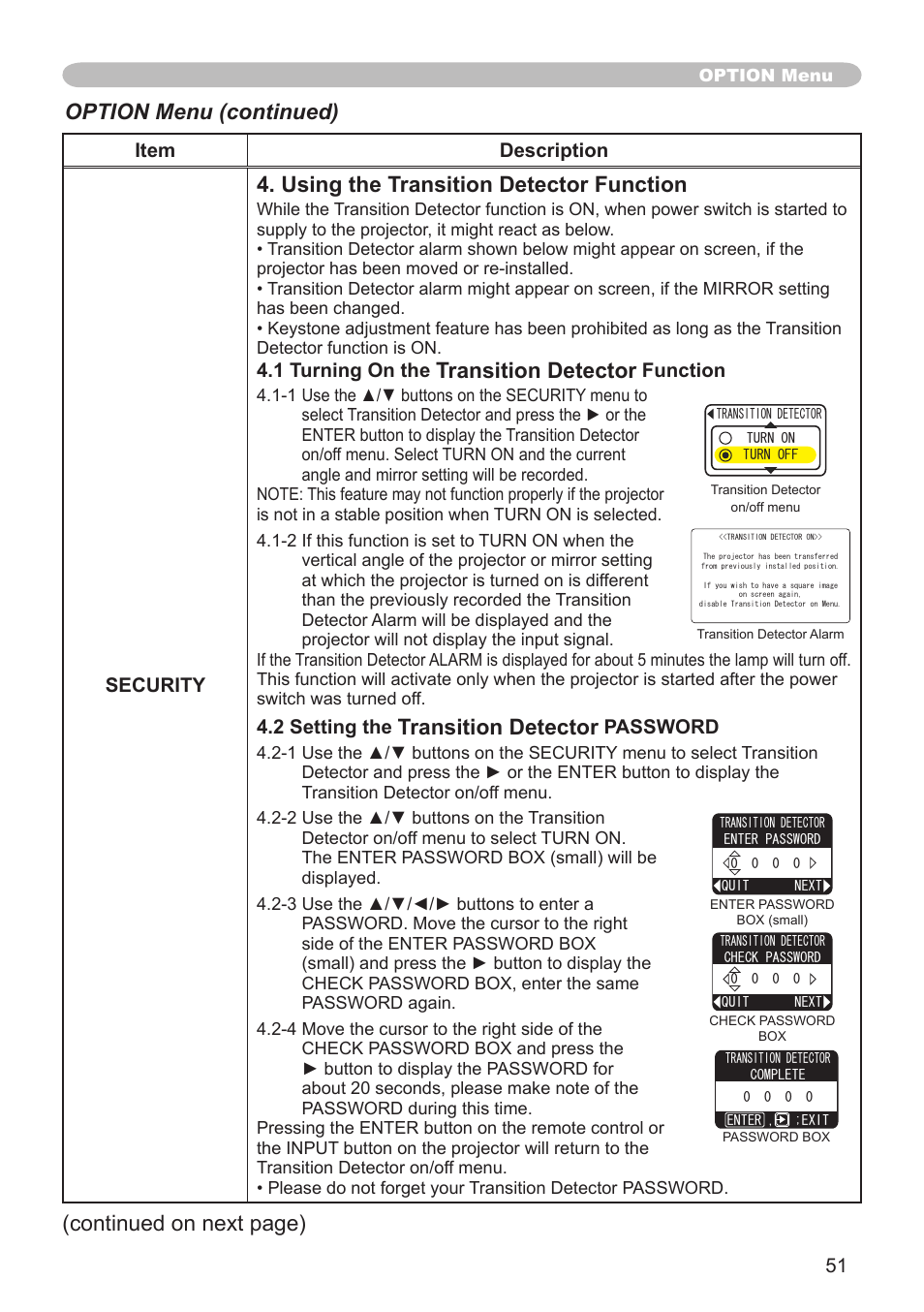 Using the transition detector function, Transition detector, Option menu (continued) | Continued on next page), 5 item description security, 1 turning on the, Function, 2 setting the, Password | Hitachi CP-X505 User Manual | Page 51 / 69