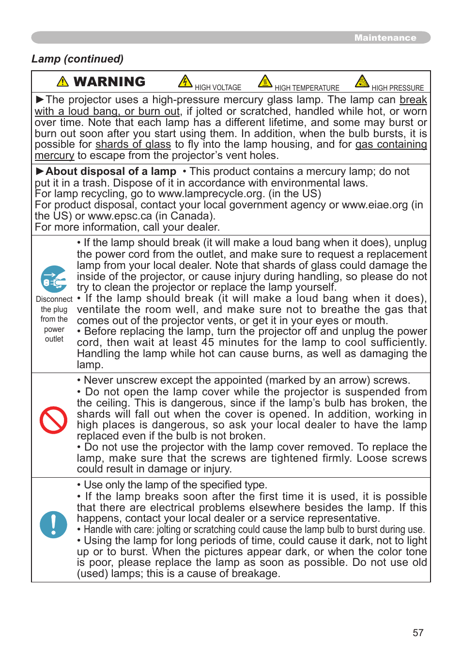 Warning | Hitachi CP-X505 User Manual | Page 57 / 69