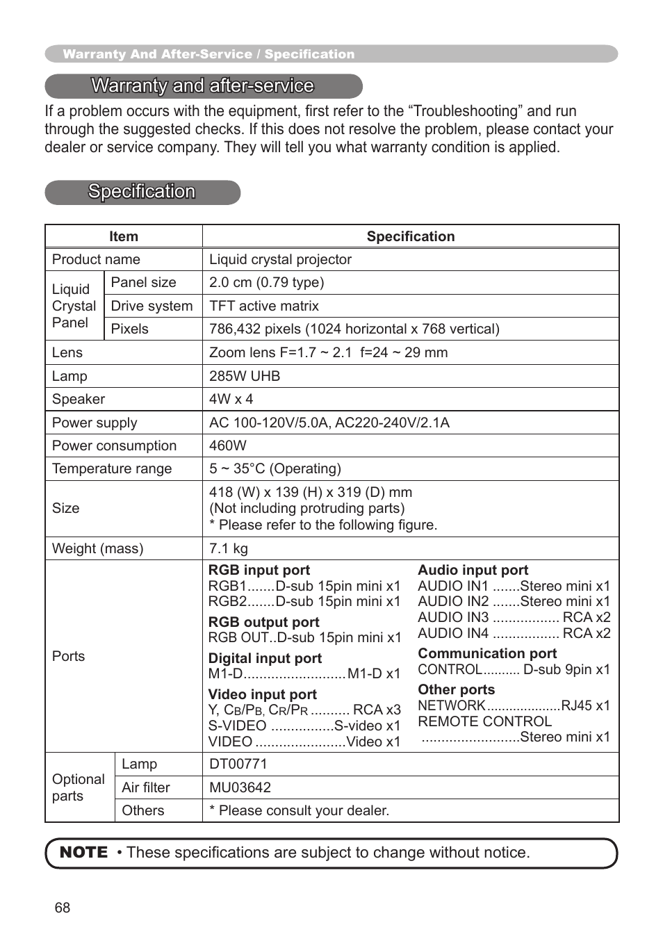 Warranty and after-service, Specification | Hitachi CP-X505 User Manual | Page 68 / 69