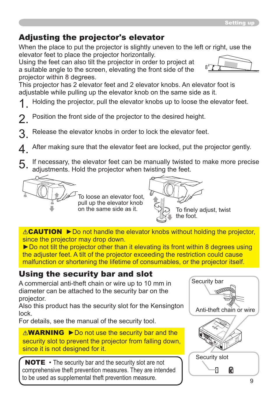 Adjusting the projector's elevator, Using the security bar and slot | Hitachi CP-X505 User Manual | Page 9 / 69