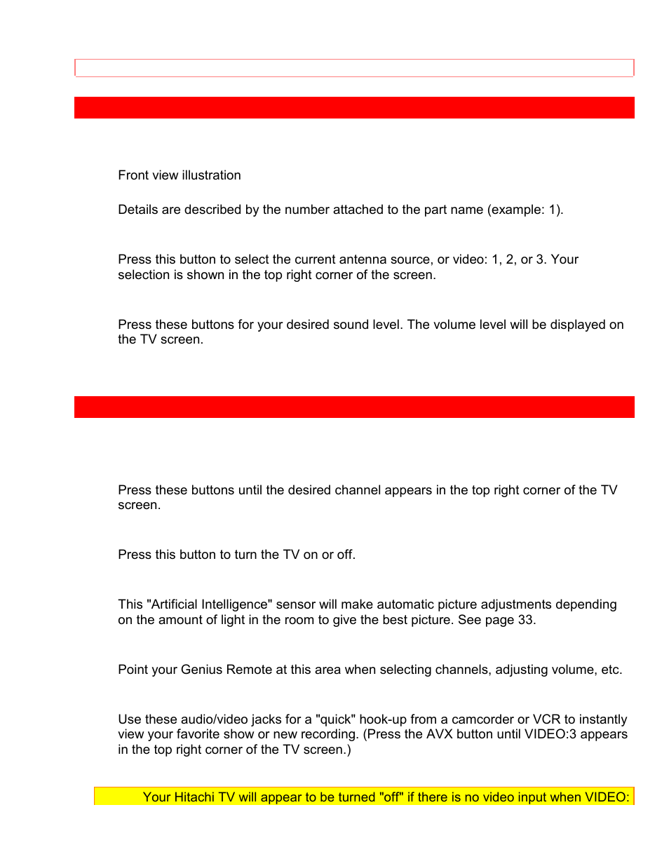Location of controls front panel controls | Hitachi 35TX59K User Manual | Page 16 / 58